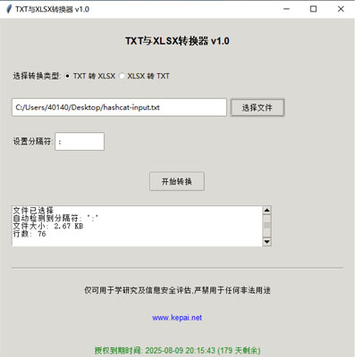 省流，直接发下载链接。  链接: https://pan.baidu.com/s/1ApuoSvq6NAORoM5GD3Oitg 提取码: 68vq 复制这段内容后打开百度网盘手机App，操作更方便哦  使用注意事项：免安装绿色版，不会获取系统任何权限，但是可能会被系统防火墙以及杀毒软件拦截请添加白名单或者关掉杀毒防火墙。  本公司自己开发的，开放免费使用。   软件名称和版本  名称: Data Converter Pro版本: v2.0  软件说明和功能介绍  概述  Data Converter Pro 是一款功能强大的文件格式转换工具，支持将文本文件（.txt）转换为 Excel 文件（.xlsx），以及将 Excel 文件（.xlsx）转换  为文本文件（.txt）。该软件采用简洁友好的用户界面，方便用户快速完成文件格式转换任务。  主要功能  TXT 转 XLSX:  用户可以选择一个 .txt 文件，并指定分隔符（如逗号、制表符、分号等）。  软件会自动检测文件中的分隔符，并提供默认分隔符选项。  转换后的文件将保存为 .xlsx 格式，并显示转换状态和结果信息。  XLSX 转 TXT:  用户可以选择一个 .xlsx 文件，并指定输出文本文件的分隔符。  软件会读取 Excel 文件内容，并将其转换为指定分隔符的文本文件。  转换后的文件将保存为 .txt 格式，并显示转换状态和结果信息。  文件选择与预览:  提供文件选择对话框，方便用户选择需要转换的文件。  显示文件的基本信息，如文件大小和行数，帮助用户确认选择的文件。  分隔符设置:  用户可以手动设置分隔符，以适应不同的文件格式需求。  软件会自动尝试检测分隔符，并提供默认选项。  状态显示:  在转换过程中，软件会实时显示转换状态，包括“转换中”、“成功”或“错误”信息。  提供详细的转换结果信息，包括输出文件路径、文件大小、行数和转换记录数。  授权验证:  软件包含授权验证功能，确保用户拥有合法的使用权限。  显示授权到期时间，并根据剩余天数以不同颜色提示用户。  版权信息:  显示软件的版权信息和使用条款，确保用户了解软件的使用限制。  提供官方网站链接，方便用户获取更多信息和支持。  使用步骤  启动软件:  运行 Data Converter Pro，软件会自动进行授权验证。  选择转换类型:  在“选择转换类型”部分，选择“TXT 转 XLSX”或“XLSX 转 TXT”。  选择文件:  点击“选择文件”按钮，选择需要转换的文件。  软件会显示文件的基本信息，如文件大小和行数。  设置分隔符:  如果选择“TXT 转 XLSX”，软件会尝试自动检测分隔符，并提供默认选项。  如果选择“XLSX 转 TXT”，用户可以手动设置输出文本文件的分隔符。  开始转换:  点击“开始转换”按钮，软件会开始转换文件。  转换过程中，软件会实时显示转换状态和结果信息。  查看结果:  版权信息  Data Converter Pro 仅可用于学术研究及信息安全评估，严禁用于任何非法用途。更多详细信息请访问 www.kepai.net。  转换完成后，软件会显示详细的转换结果信息，包括输出文件路径、文件大小、行数和转换记录数。  用户可以点击“状态”区域查看详细的转换日志。.jpg